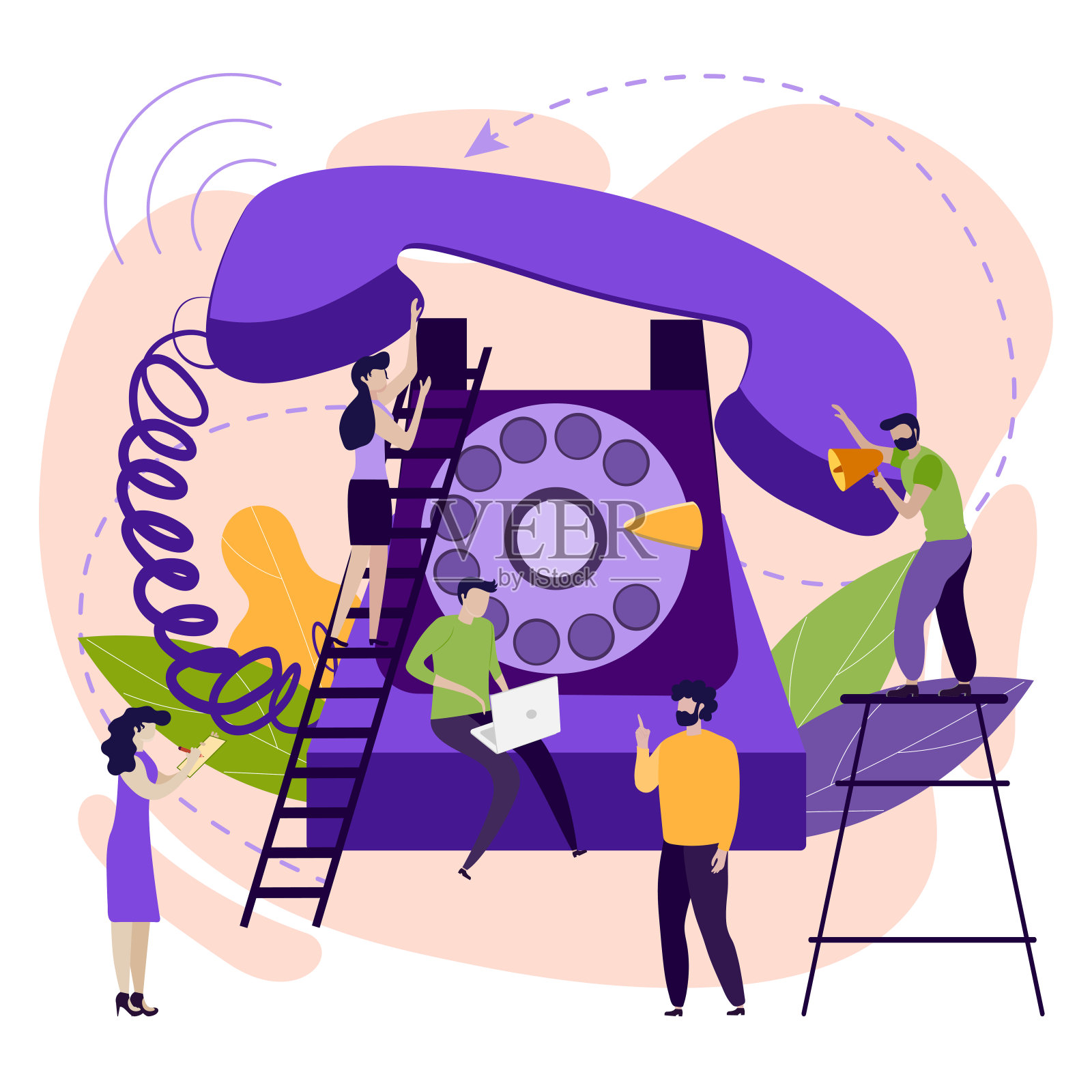 矢量插图在平面风格。用户支持理念，客户支持。服务。呼叫中心。大型座机，人们接听电话插画图片素材