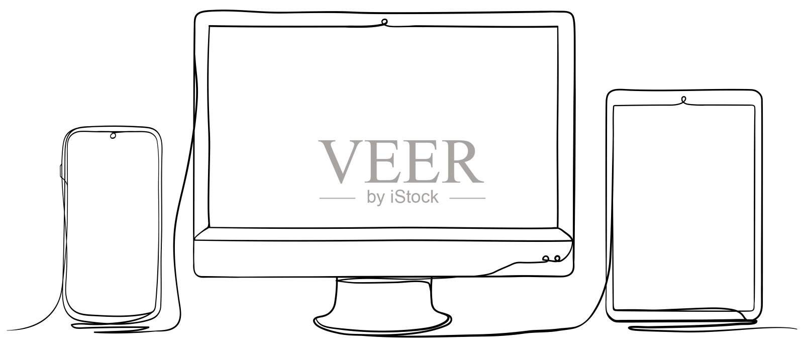 手机、电脑显示器、平板电脑。手绘连续线艺术矢量插图。插画图片素材