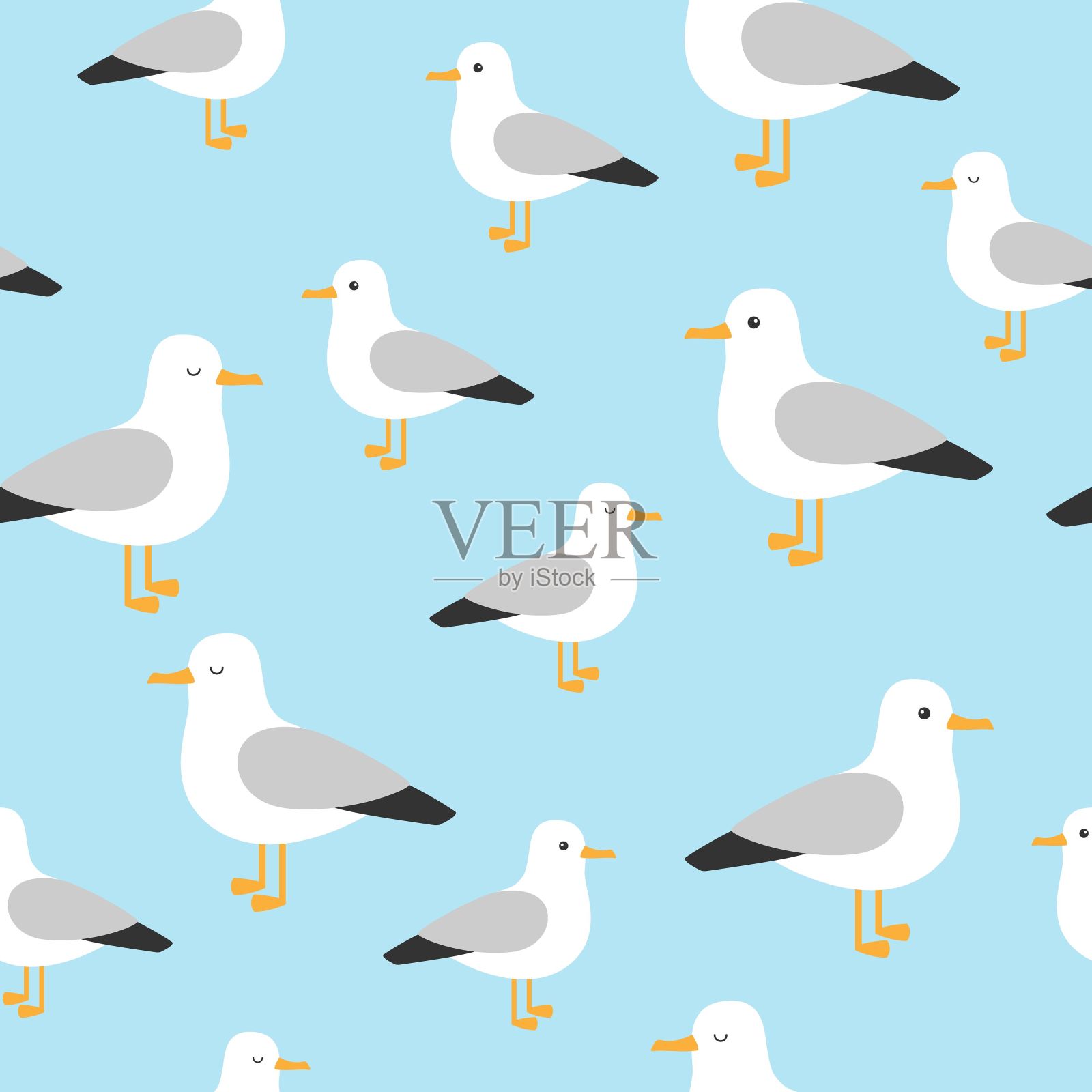 向量美丽的图案与海鸥。海鸥，一种美丽的鸟。可爱的卡通小鸟…插画图片素材