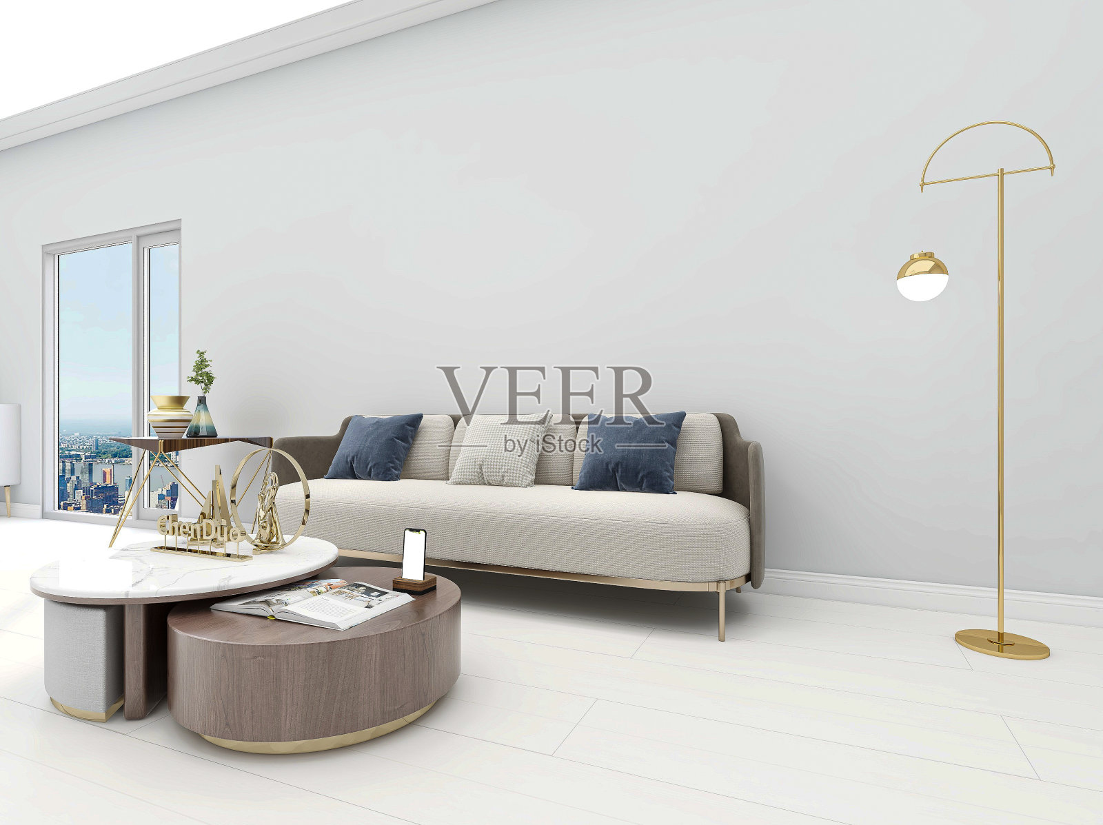 3D效果图，现代住宅宽敞的客厅设计，配有沙发、茶几照片摄影图片