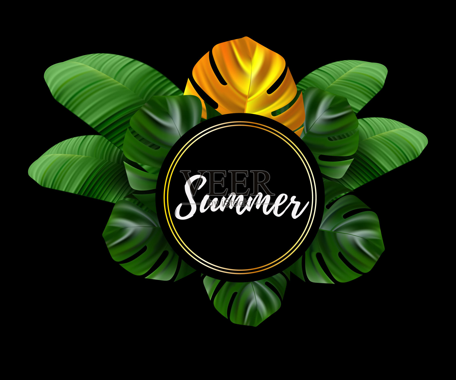 热带的叶子。丛林背景花和棕榈树。向量丛林插图。绿色热带海滩旗帜。插画图片素材