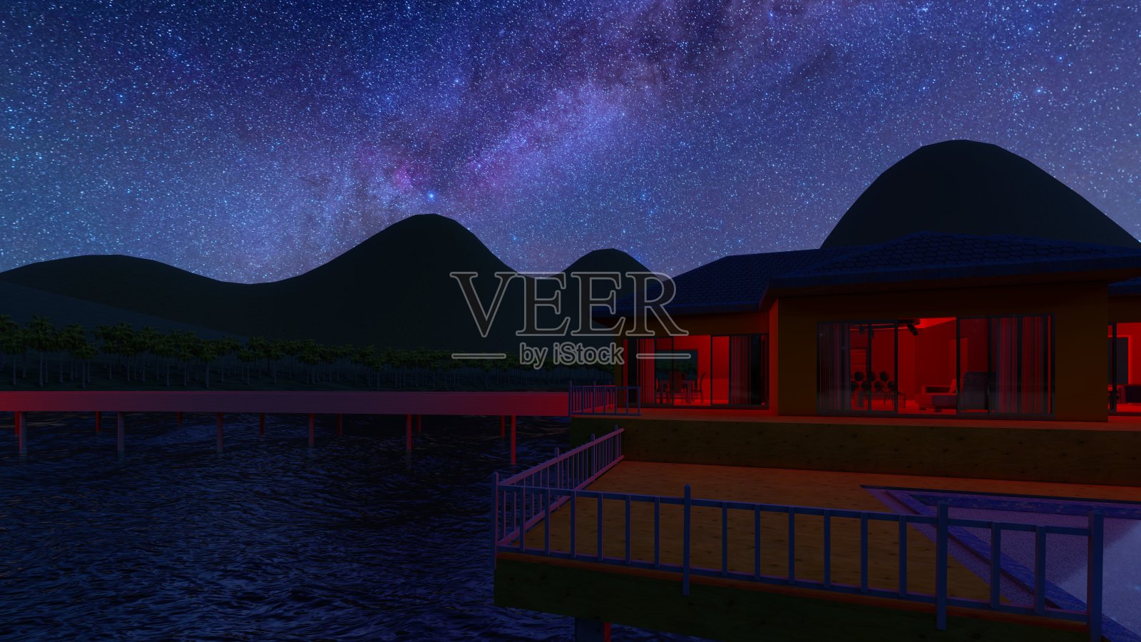 在岛上的平房度假村，法属波利尼西亚3d渲染照片摄影图片