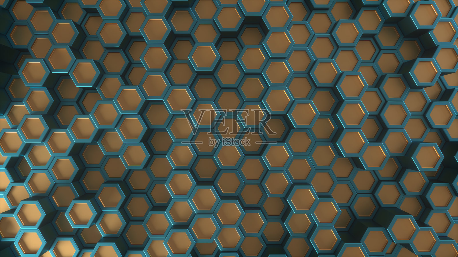 六角形几何背景。抽象结构的许多不同高度的金属六边形。创造性的蜂窝表面与俯视图。细胞元素的模式。三维渲染照片摄影图片