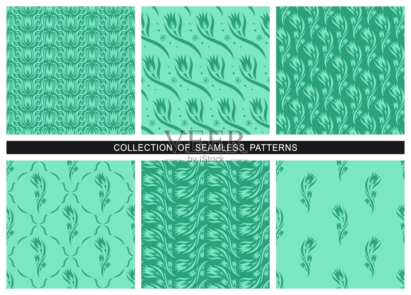 套无缝模式与绿色花卉装饰。插画图片素材