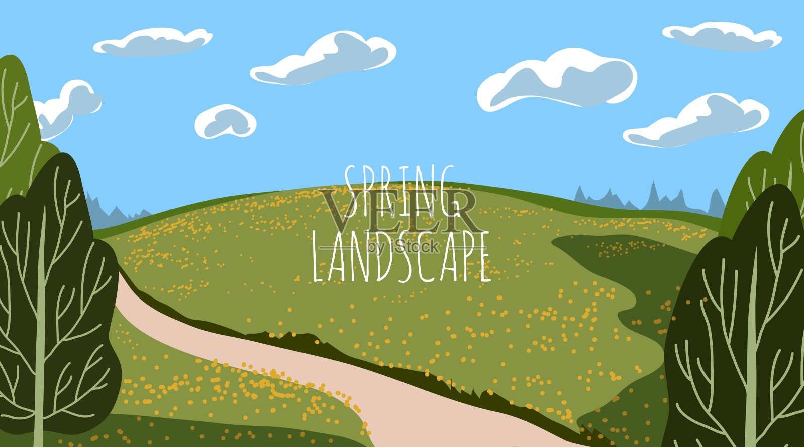 矢量全景插图美丽的春天或夏天的田野景观与绿色的山，明亮的颜色蓝色的天空和云。背景在平面卡通风格插画图片素材