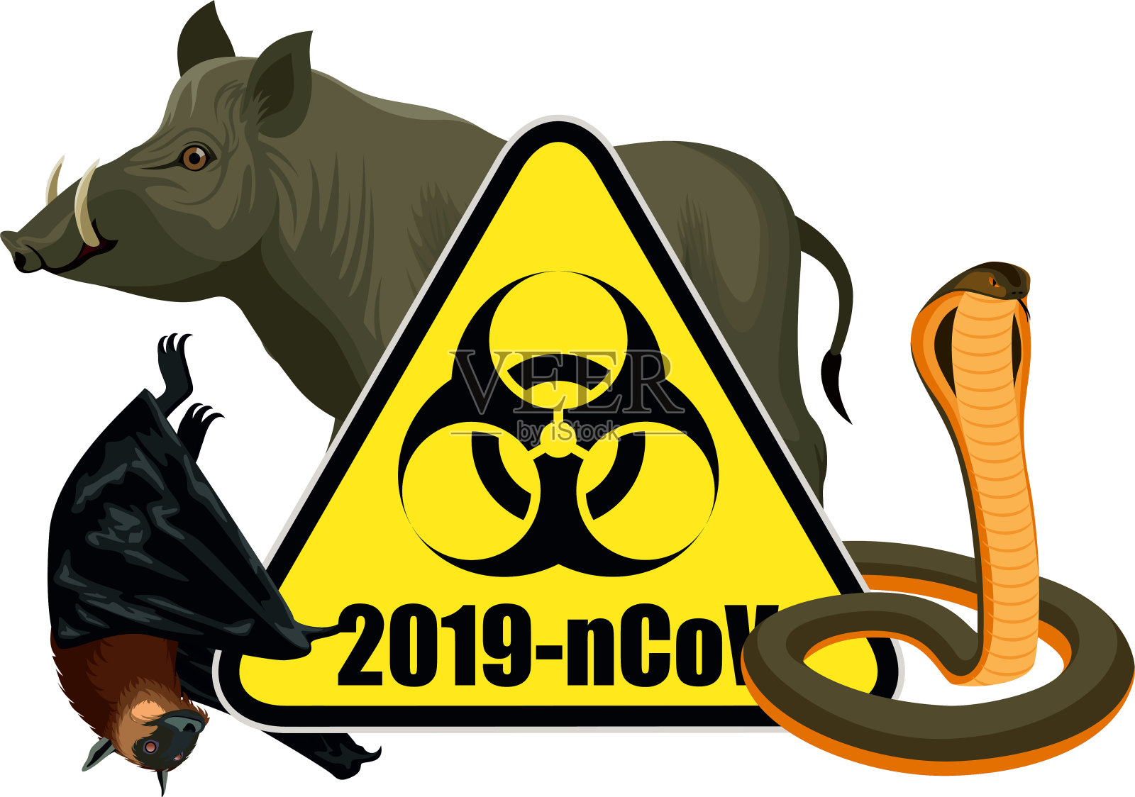 新型冠状病毒与生物危害标志，蛇，蝙蝠和猪。冠状病毒大流行。插画图片素材