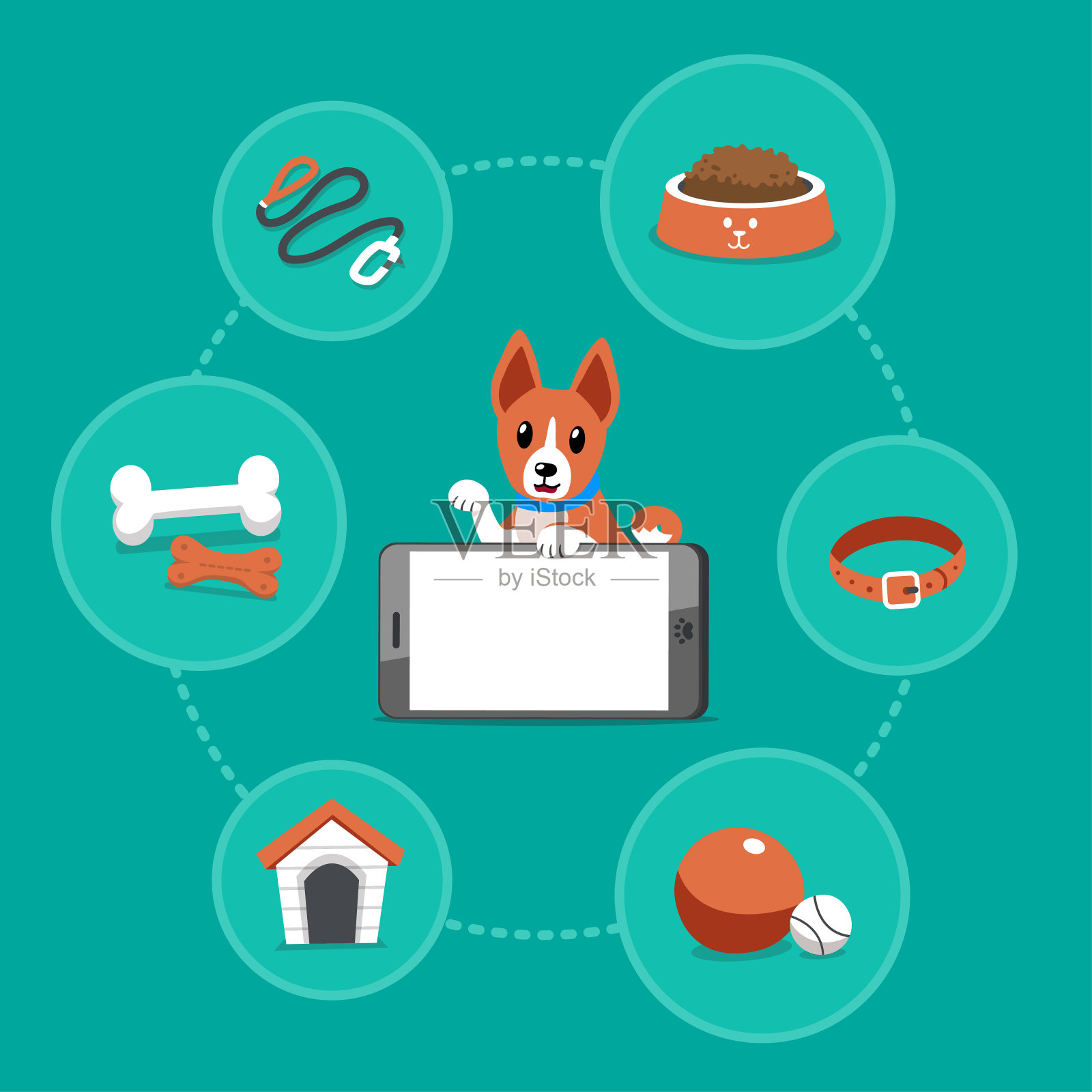 卡通巴森基狗与智能手机和配件插画图片素材