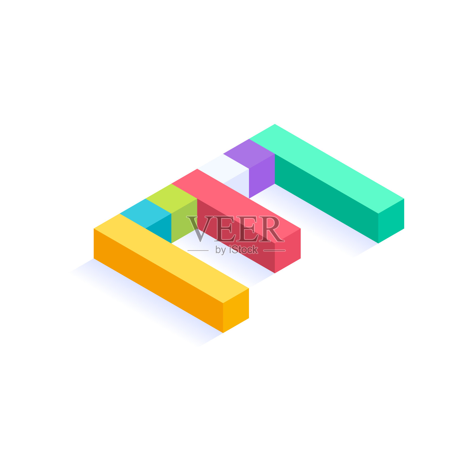 字母E等距彩色立方体三维设计，三维字母矢量插图孤立在白色背景插画图片素材