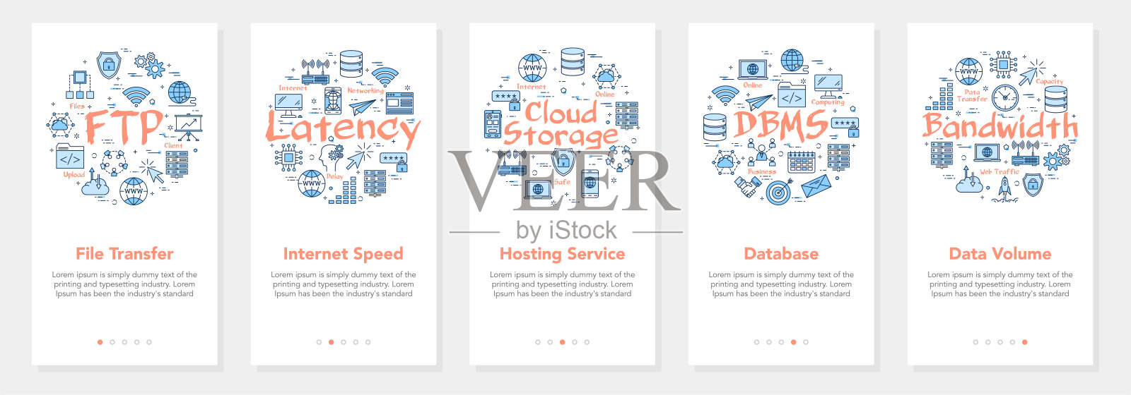 矢量五互联网横幅- FTP，延迟和带宽插画图片素材