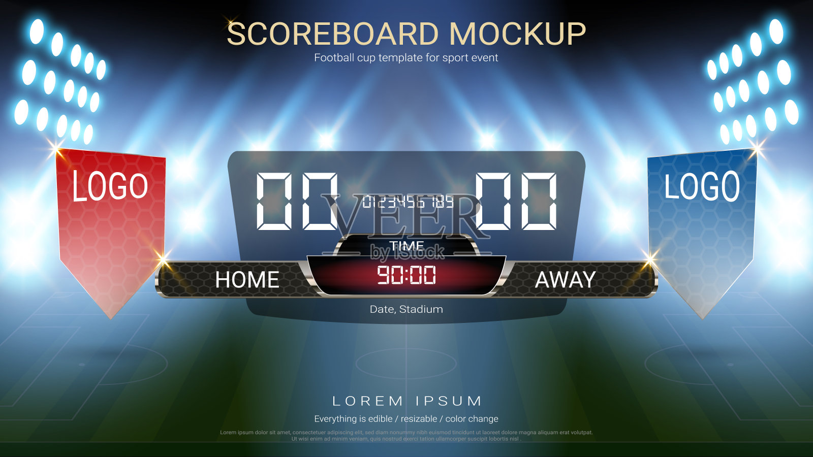 数字计时记分牌，足球队A队vs队B队，策略广播图形模板演示分数或比赛结果显示(EPS10矢量完全可编辑，可调整大小和颜色变化)插画图片素材
