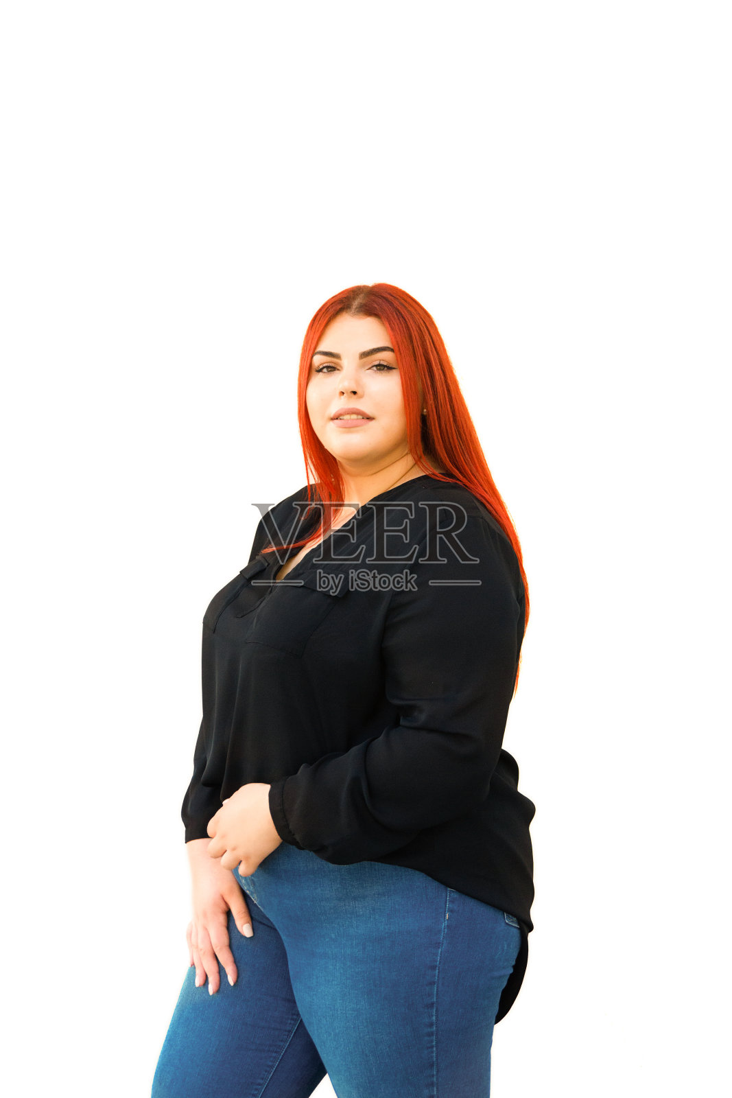 快乐的超重妇女，白色背景照片摄影图片