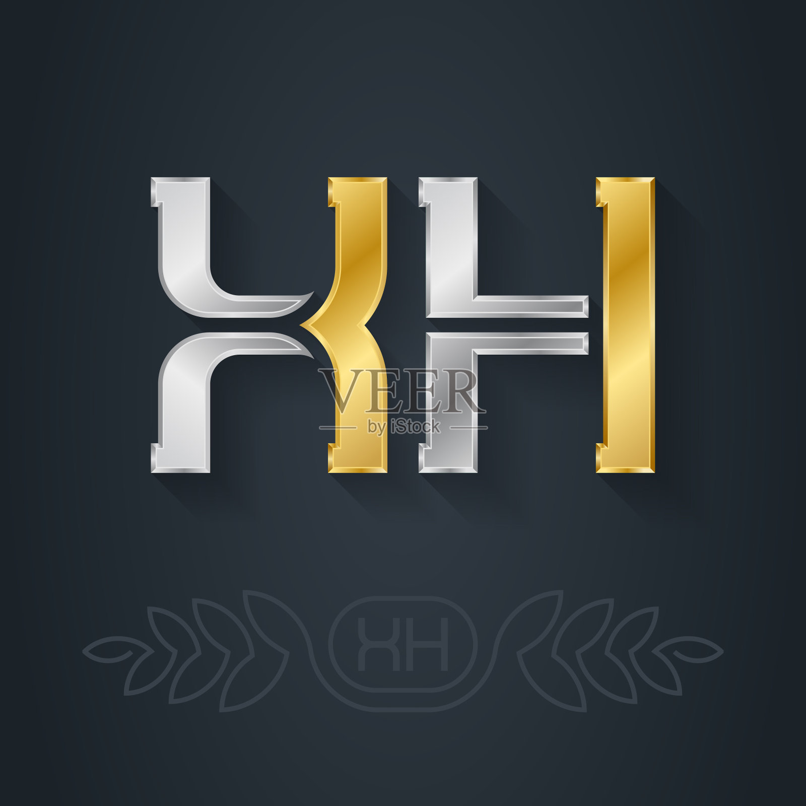 X和H -金属3d图标或矢量标识模板。设计元素与线艺术选项。XH - 2字母编码。个人品牌的首字母或银色标志。插画图片素材