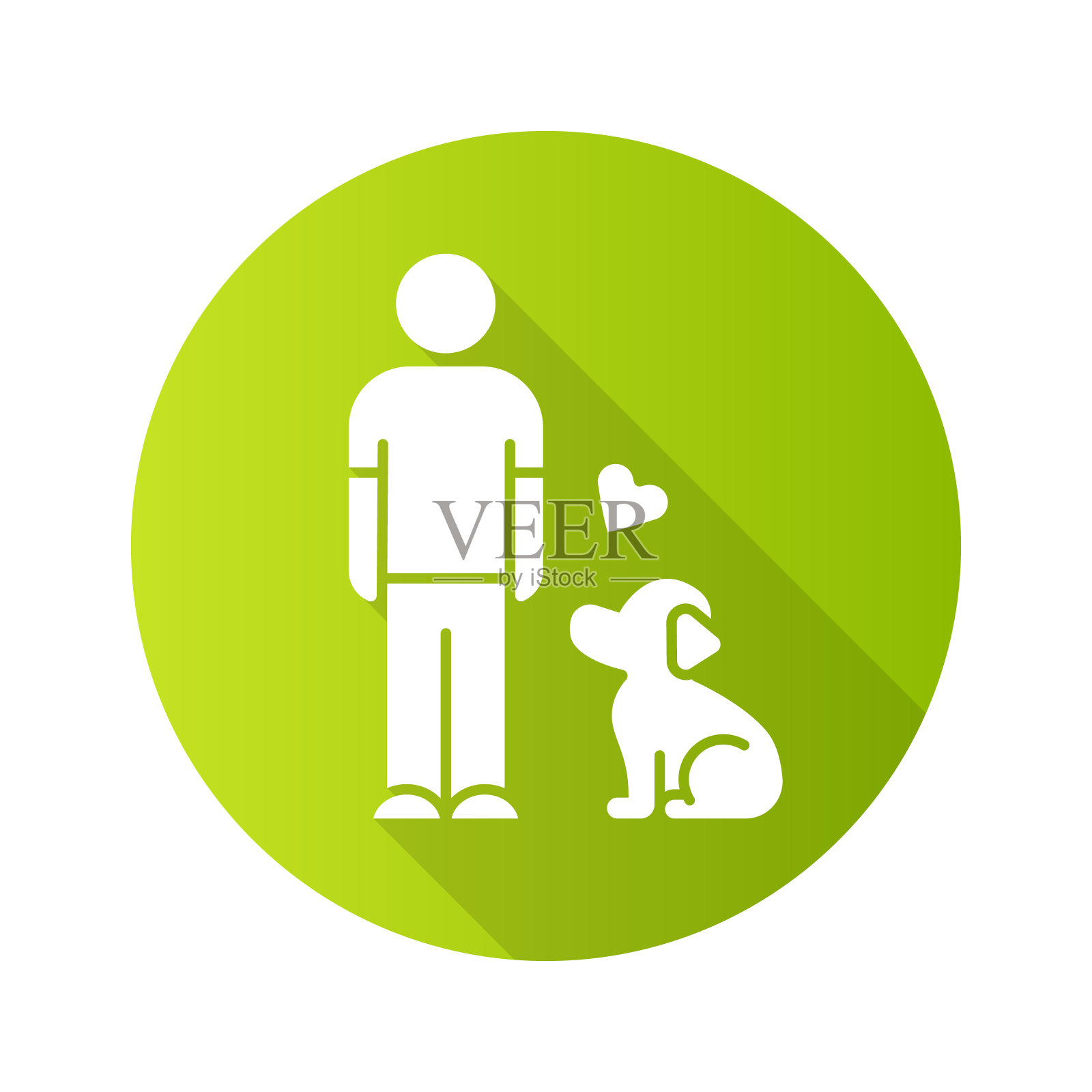 动物福利和帮助平面设计长阴影字形图标。小狗和主人。宠物收养。动物的情感支持。志愿者活动。男人和忠实的狗。向量轮廓图插画图片素材