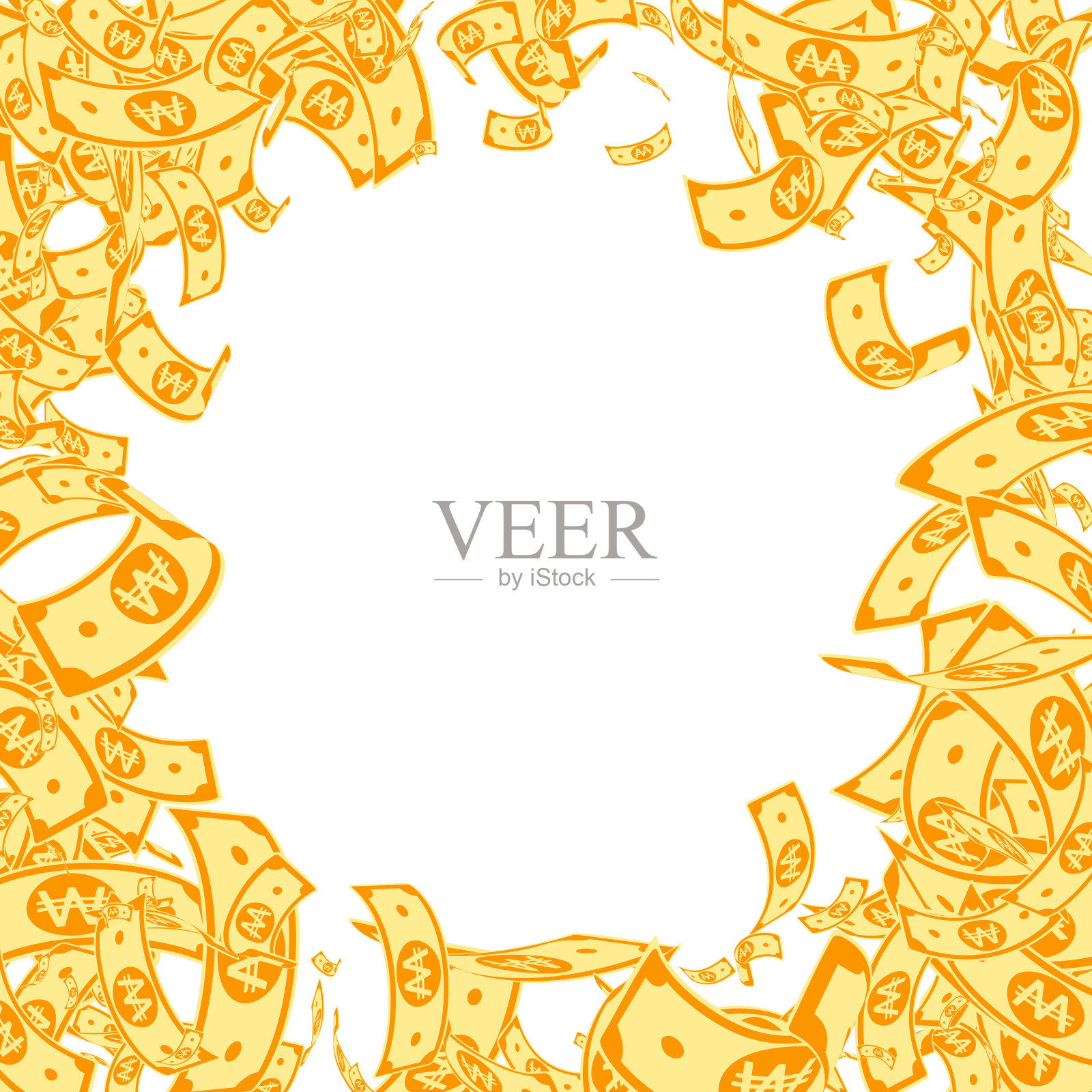 韩圆钞票下跌。凌乱的钞票上的白色插画图片素材