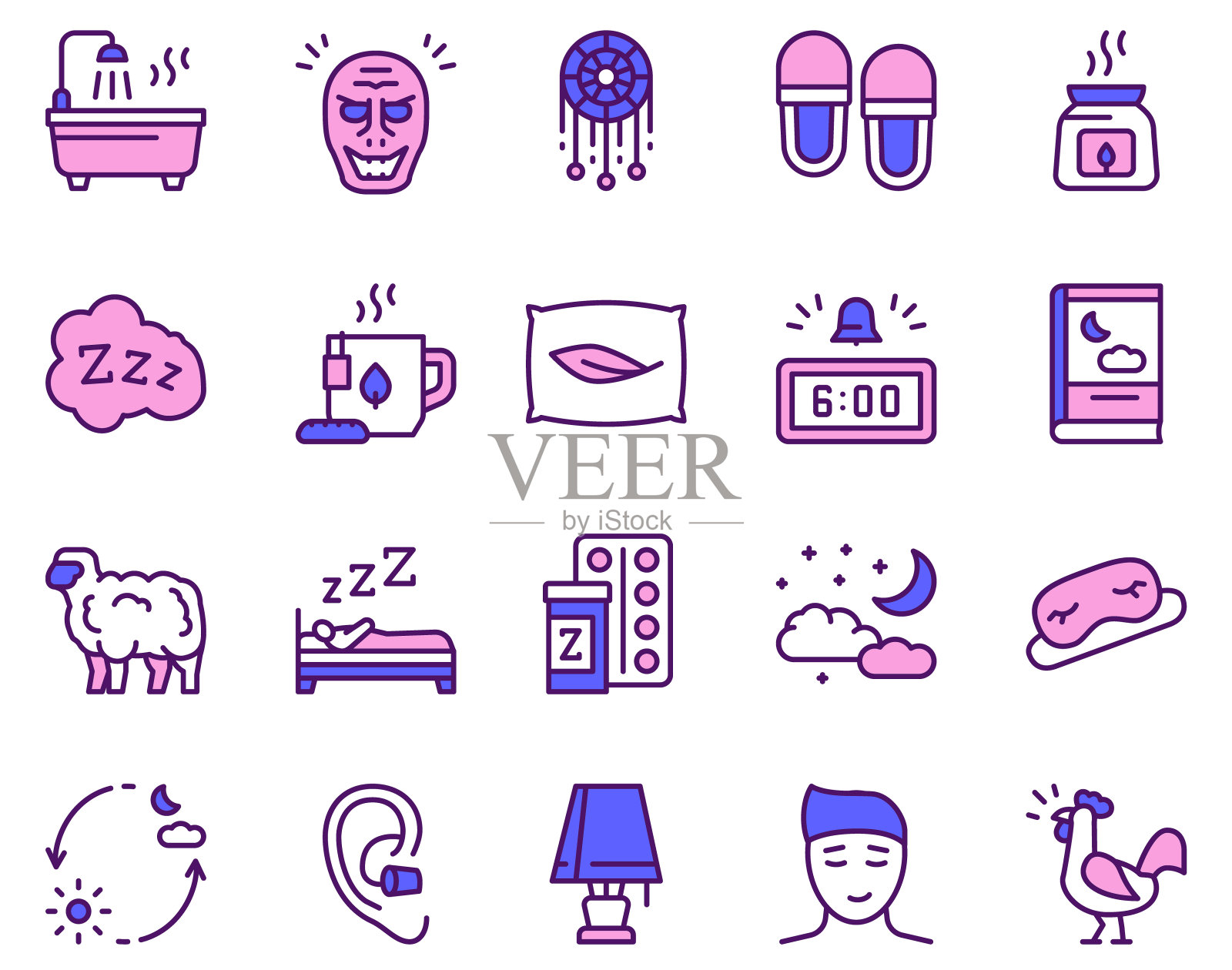 睡眠和失眠颜色线性向量图标设置。图标素材