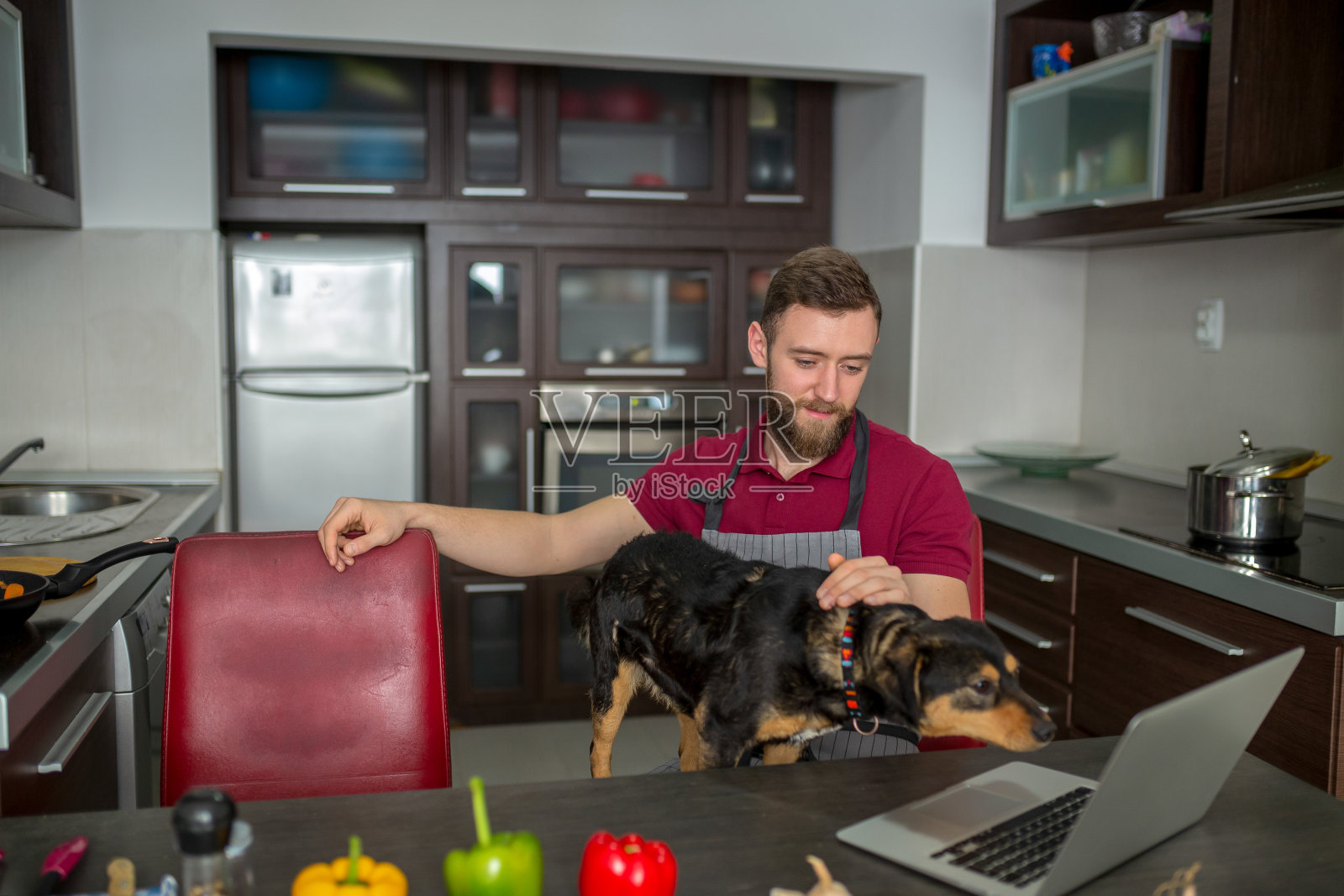 带着狗做早餐的男人照片摄影图片