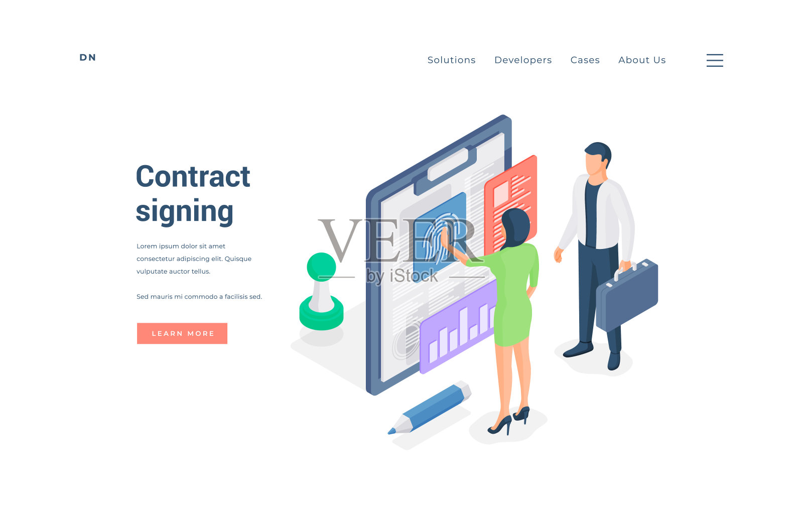 商务人士在线签署合同。等距矢量图插画图片素材