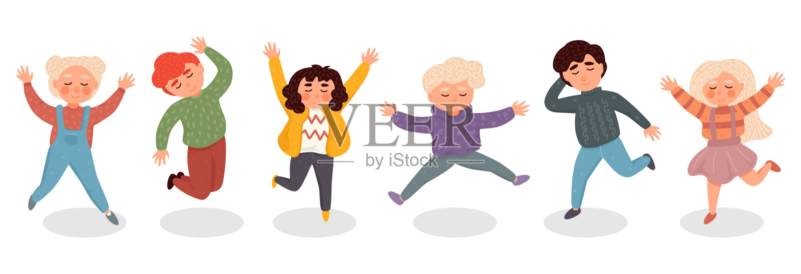 男孩和女孩在一起快乐地玩。孩子们手牵着手跳跃。这个概念是童年的乐趣和充满活力的时刻。矢量插图的卡通儿童插画图片素材
