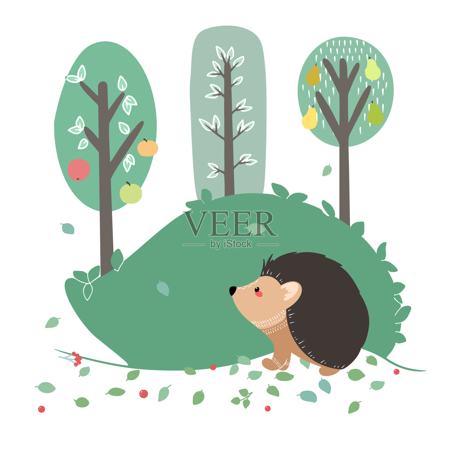 可爱的刺猬在植物的背景。手绘插图在斯堪的纳维亚风格。向量插画图片素材