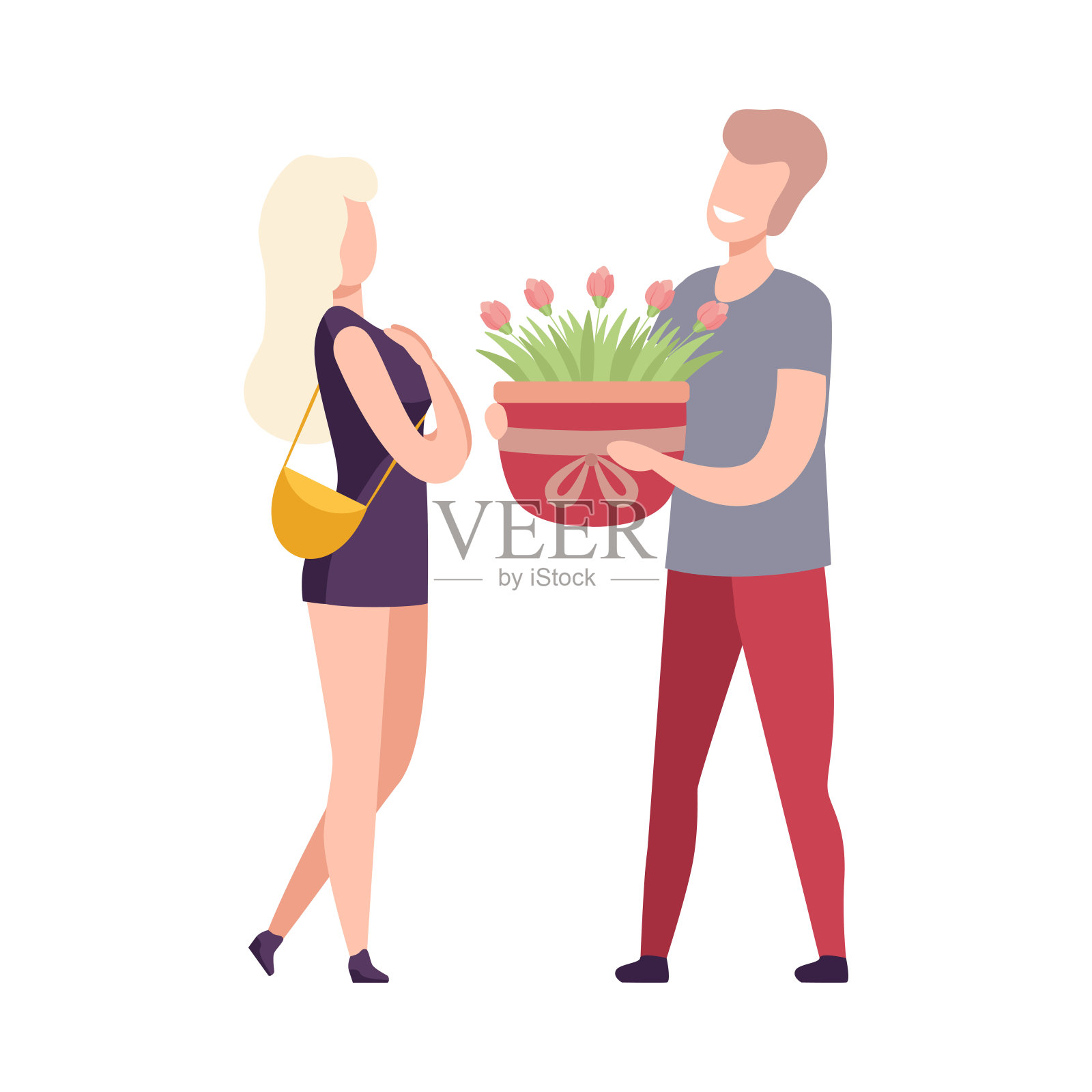 男人给花盆与盛开的鲜花美丽的年轻女人，浪漫的夫妇在约会，节日祝贺平面矢量插图插画图片素材