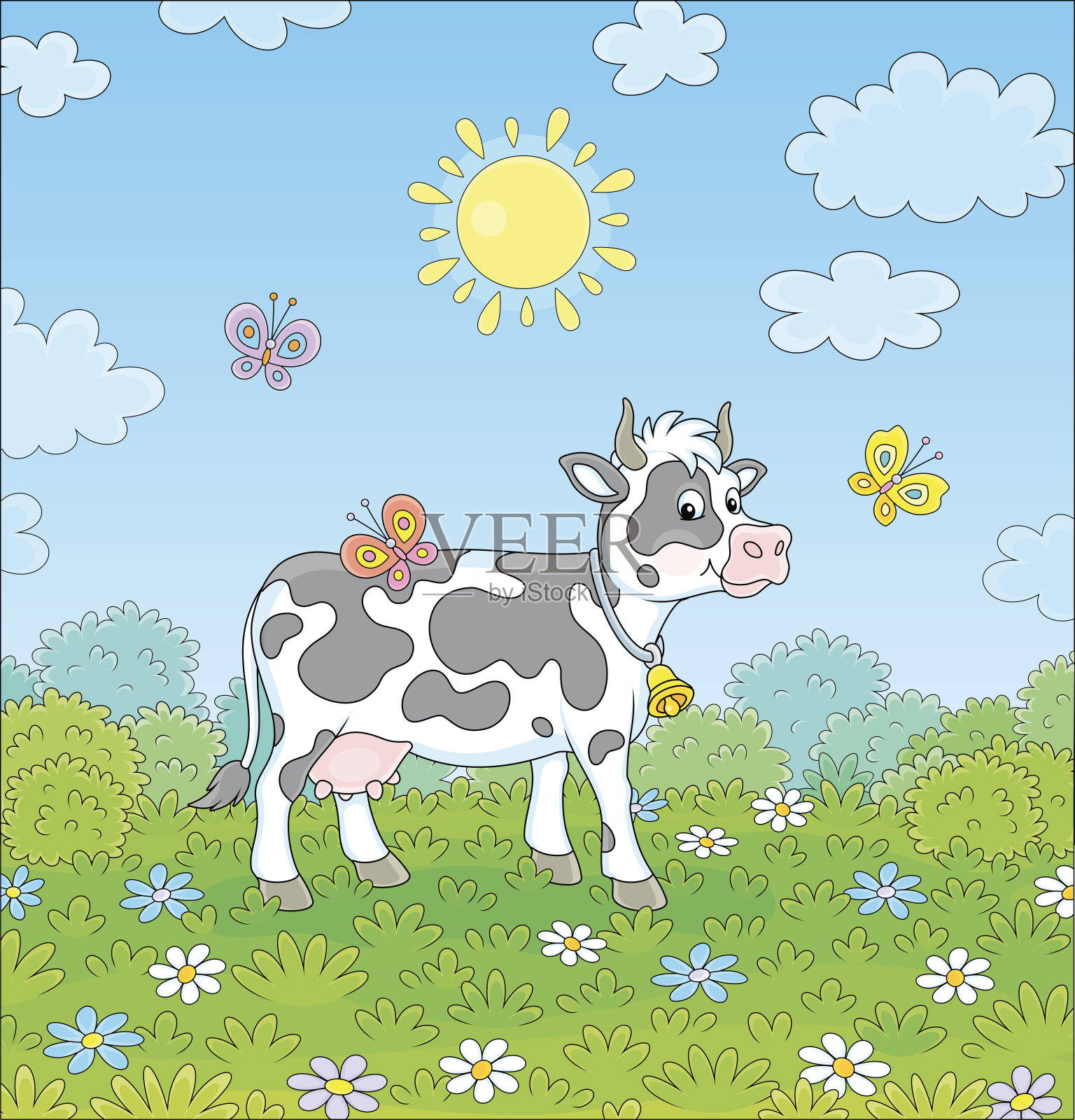 斑点奶牛走在田野上插画图片素材