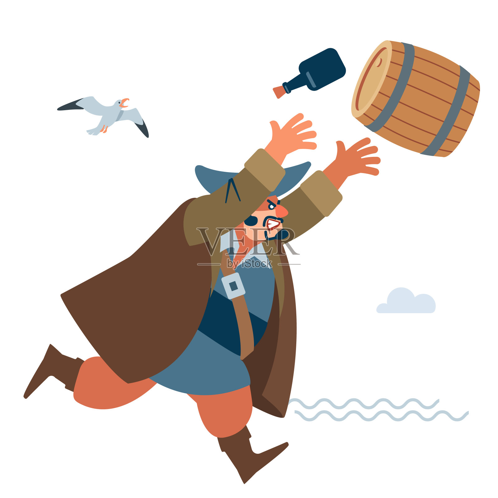 愤怒的大海盗向敌人扔了一桶水。海盗的性格。矢量插图的平面卡通在白色的背景。插画图片素材