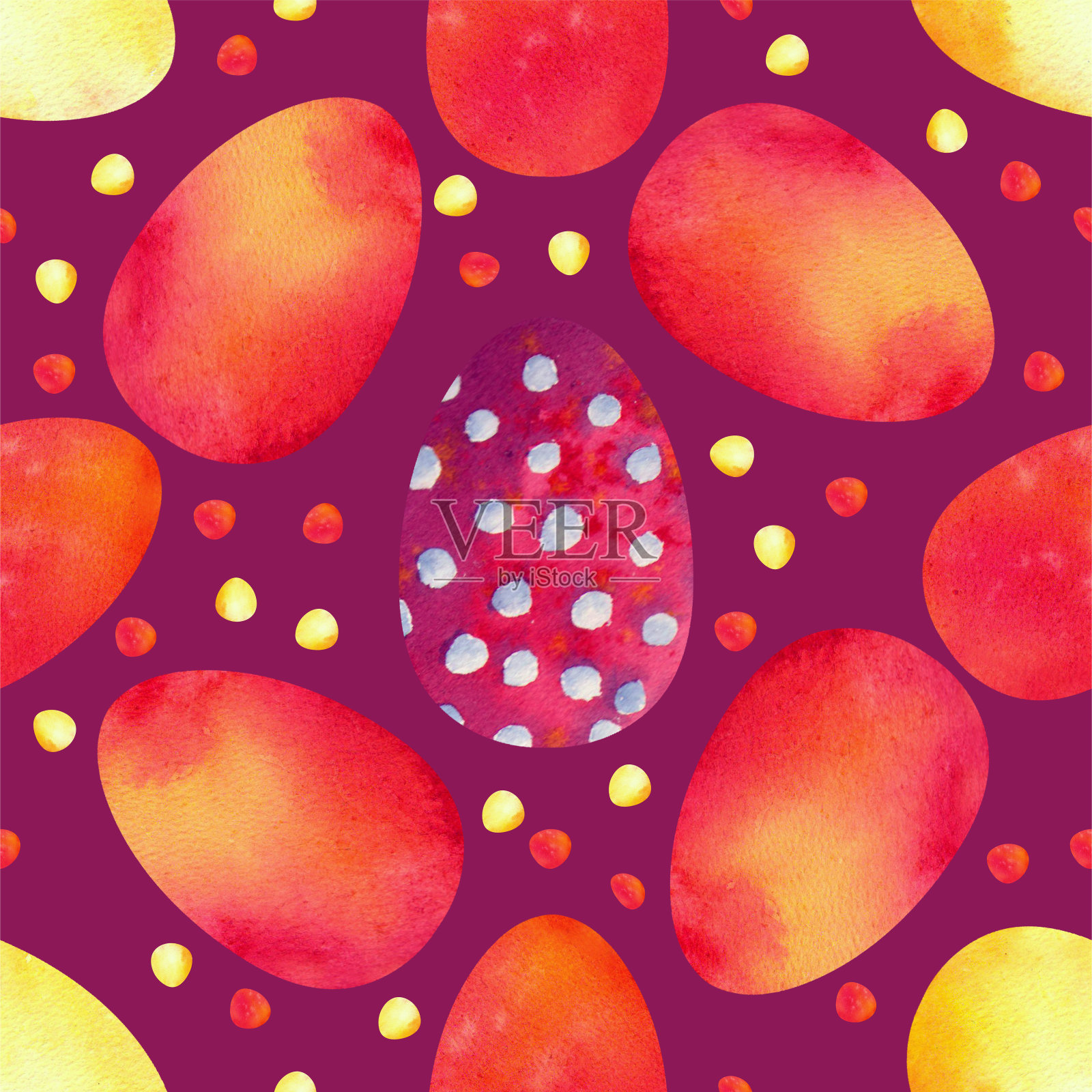 紫色背景上的彩色复活节彩蛋。无缝模式。水彩设计模板素材