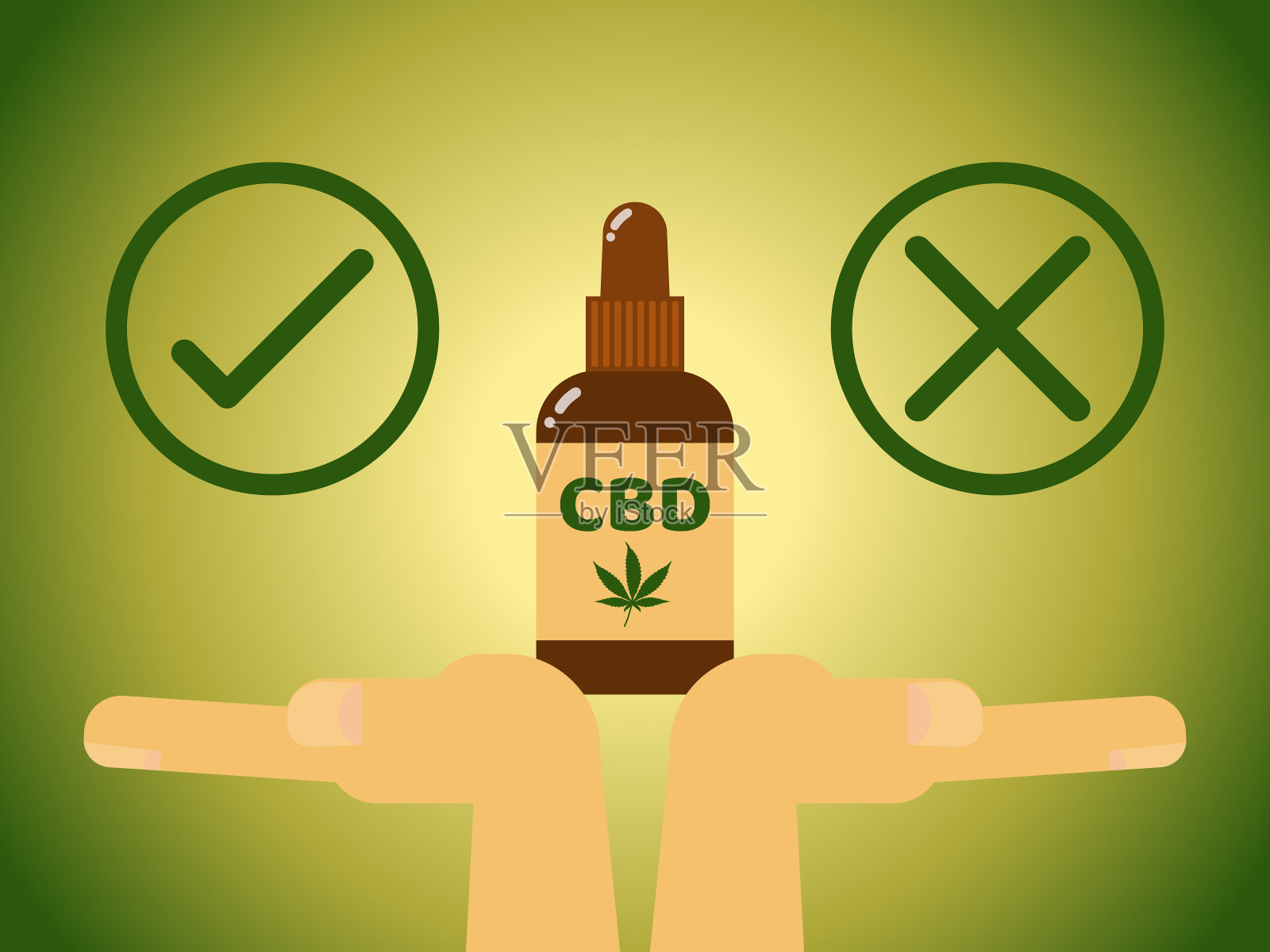 手握玻璃棕色瓶与CBD油滴与正确的优缺点符号，平面设计矢量插图。插画图片素材