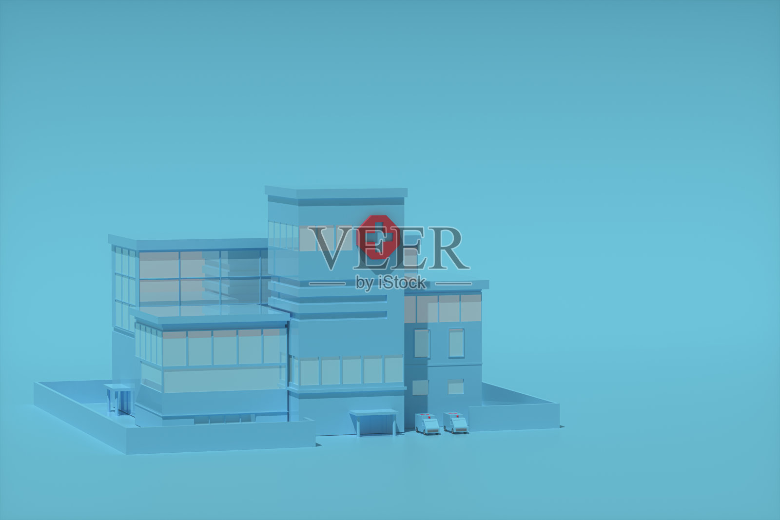 医院模型，蓝色背景，3d渲染。照片摄影图片