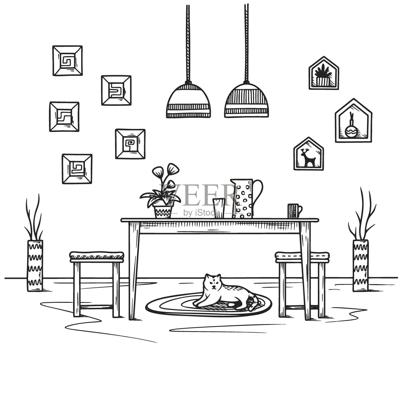 在波西米亚风格的草图餐厅。家具和许多不同的室内元素。矢量插图。插画图片素材