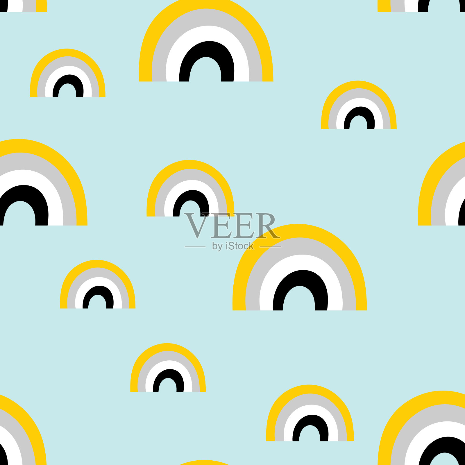 无缝图案与彩虹在蓝色的背景。创意斯堪的纳维亚婴儿纹理的织物，包裹，纺织品，壁纸，服装。矢量图插画图片素材