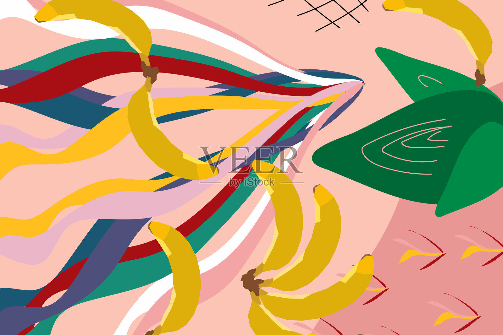 画出香蕉、树叶、各种形状、点、点、线。各种颜色。摘要现代模式。向量。明亮的颜色插画图片素材