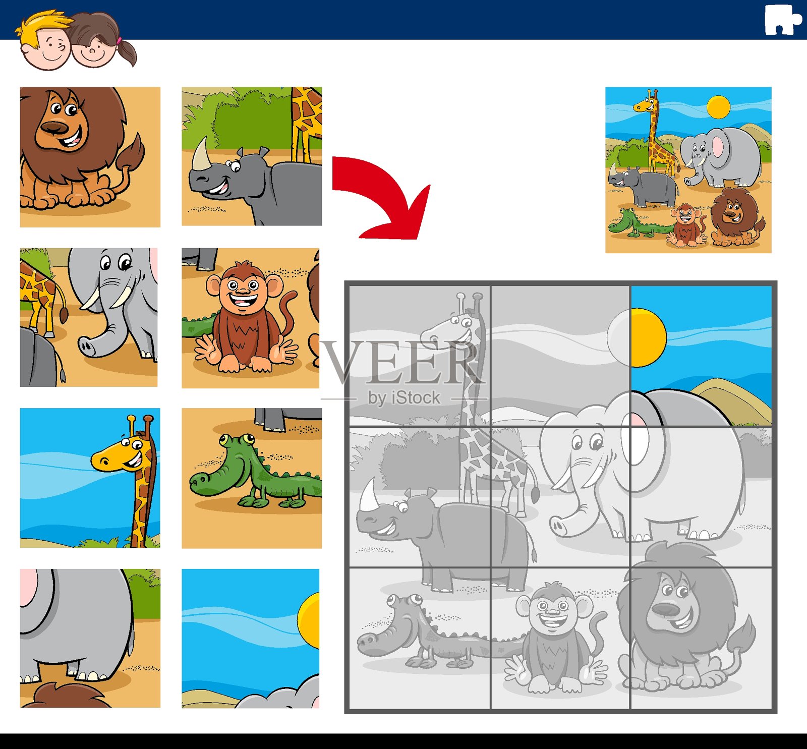 与卡通动物的拼图游戏插画图片素材