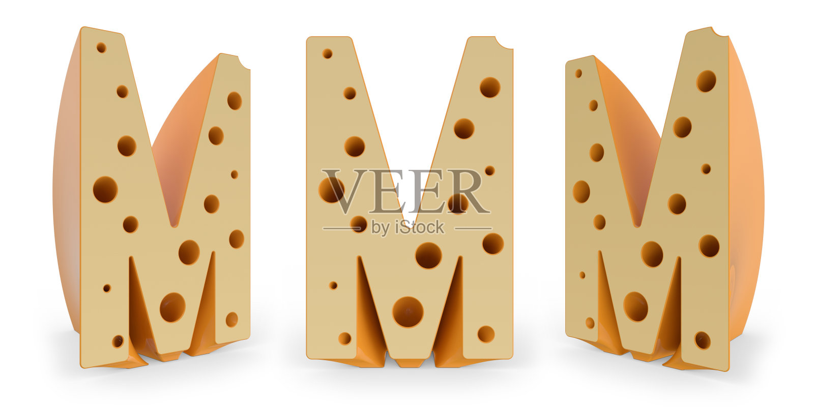 大写字母m，大写。在白色上设置三个视点。3 d照片摄影图片