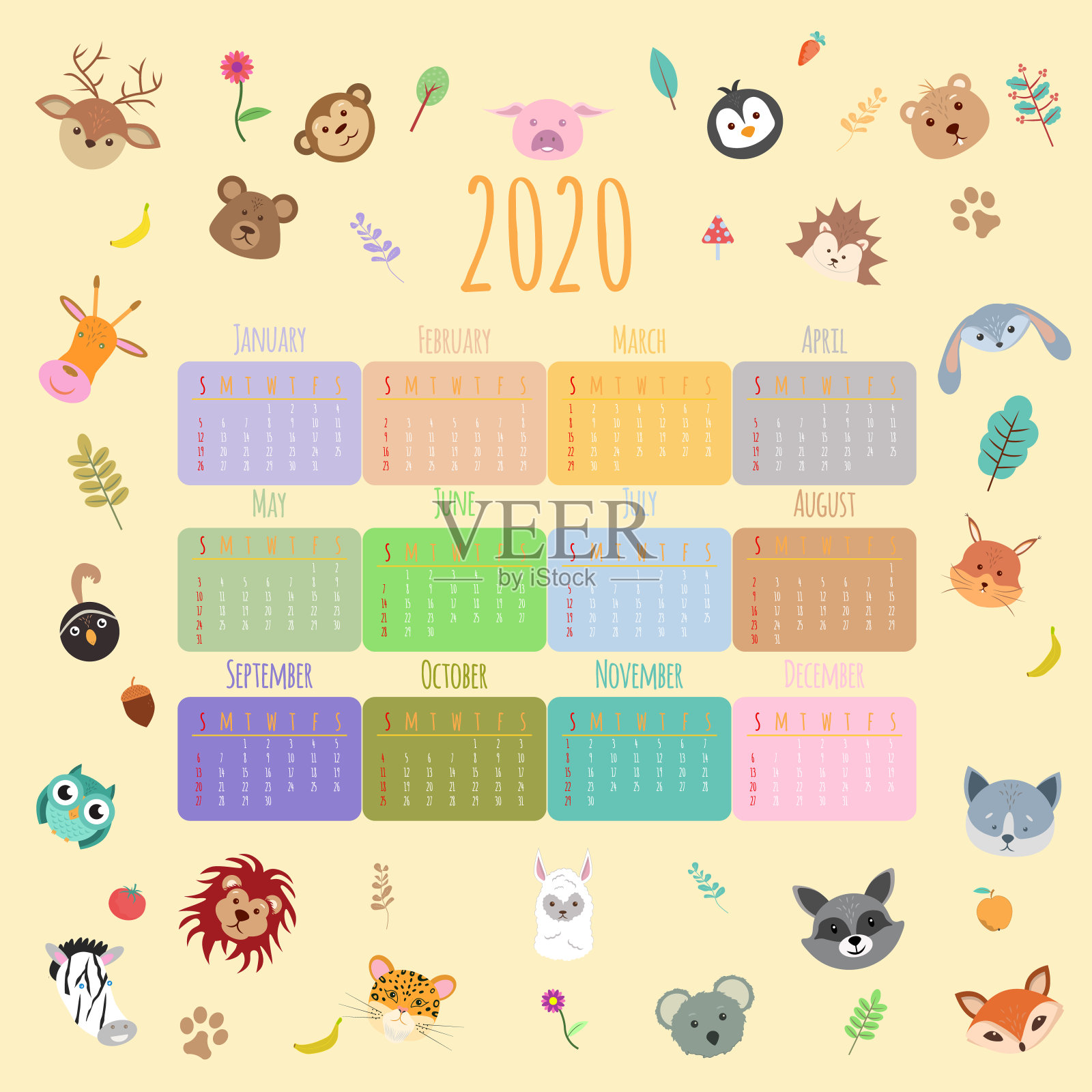 动物2020年日历。漂亮，可爱的动物，扁平的卡通人物。色彩斑斓的矢量图插画图片素材