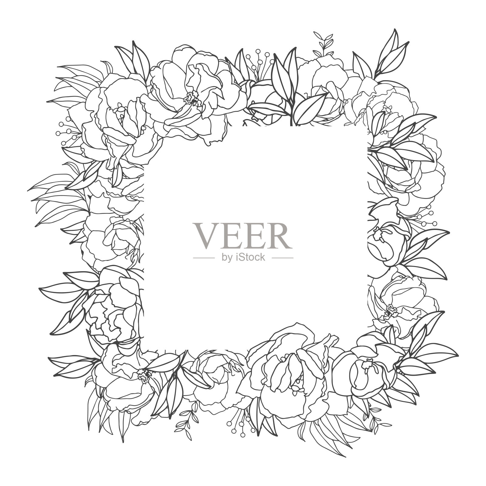 优雅精致的花架。黑白线性手绘。装饰婚礼请柬设计，信封，贺卡模板。矢量图插画图片素材