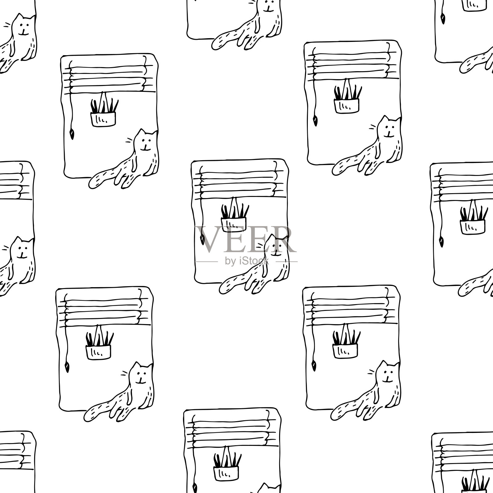 猫在窗户上。无缝模式矢量插图。插画图片素材