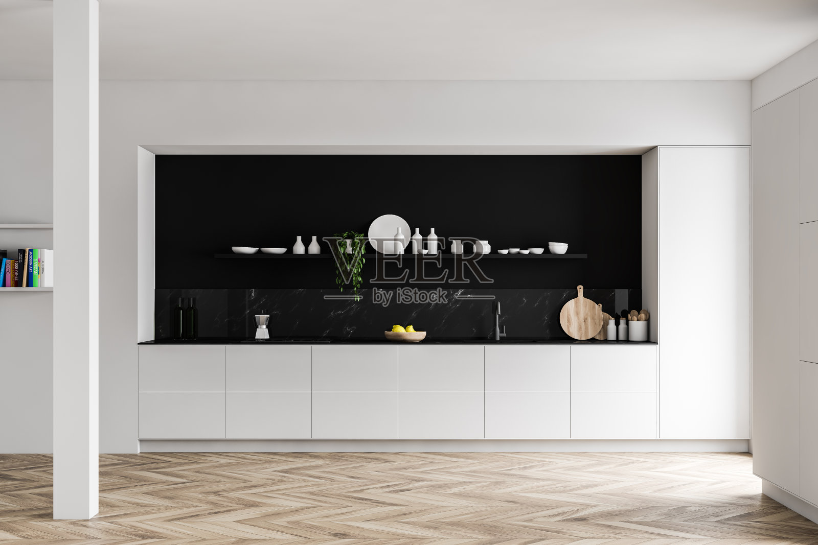 白色和黑色的厨房，台面和柱子照片摄影图片