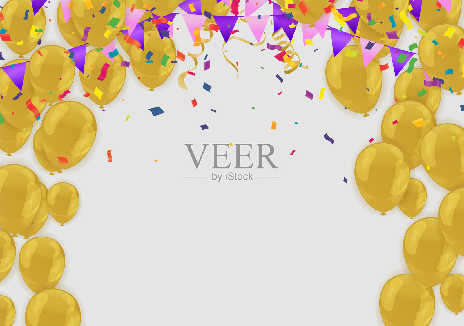 金色气球和庆典背景模板与五彩纸屑和金色丝带插画图片素材
