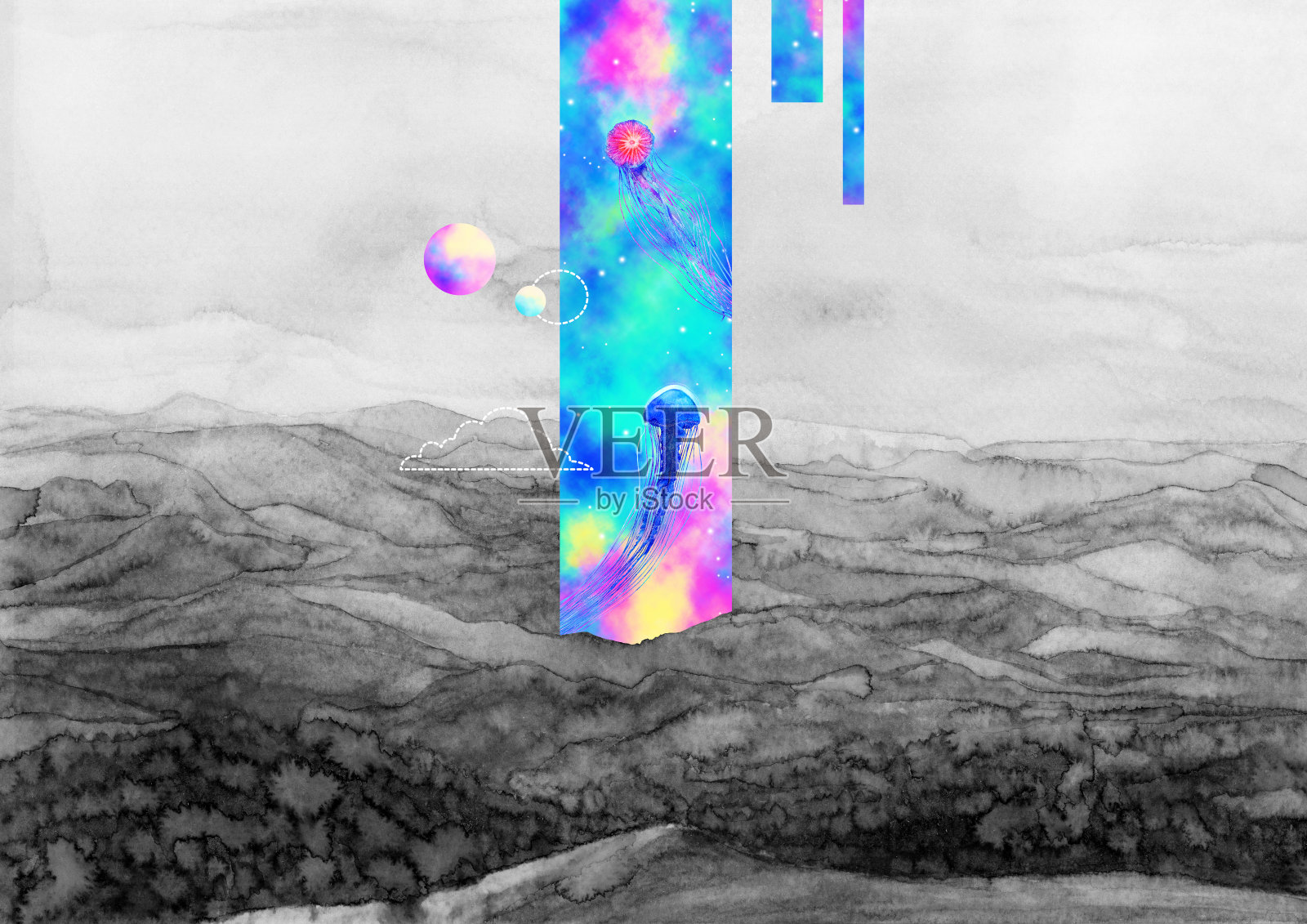 神奇的水母全景。抽象的星系和山脉。未来的现代景观。概念墙艺术，海报，印刷。幻想的画面插画图片素材