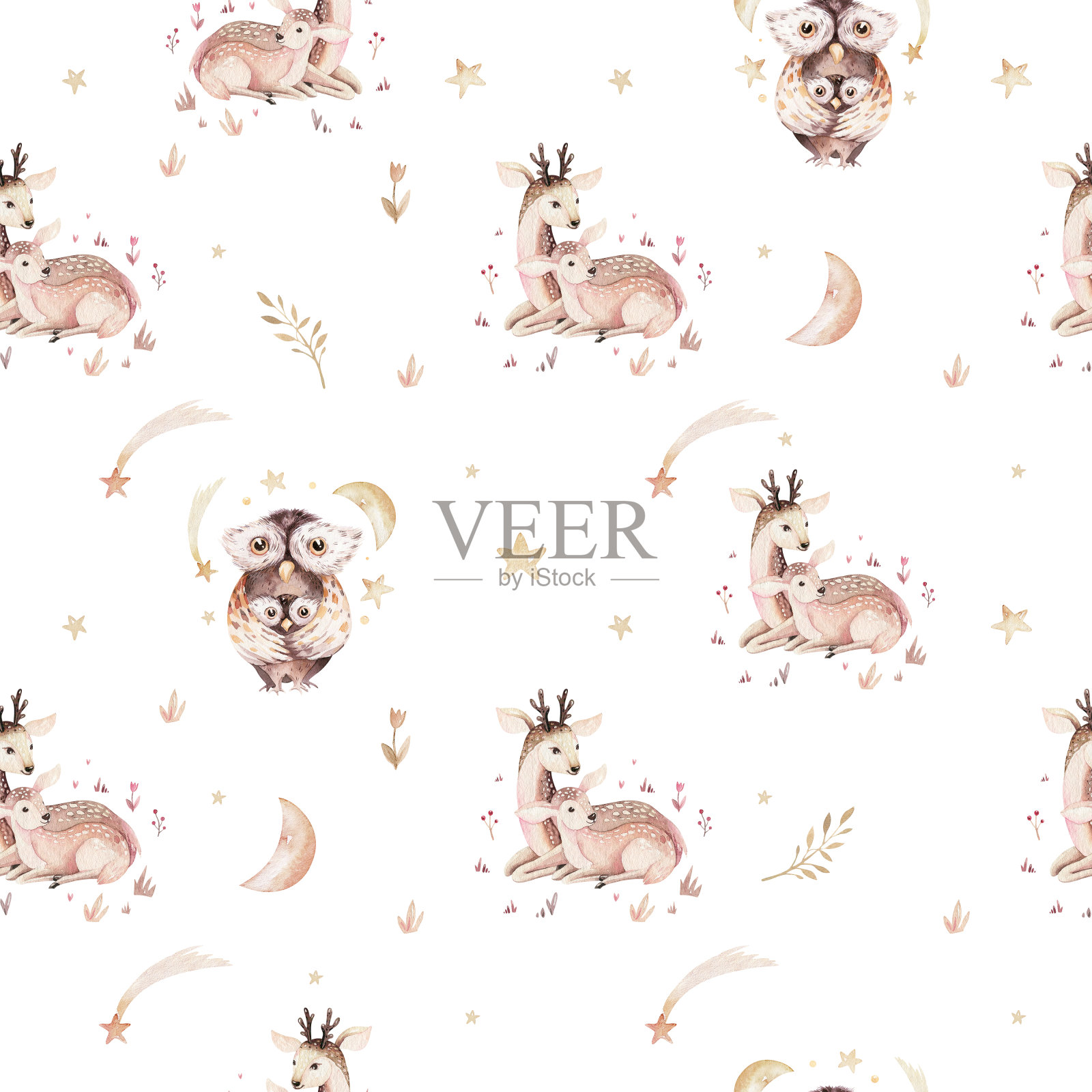 水彩宝宝和鹿妈妈卡通无缝图案。林地可爱猫头鹰手绘小孩纹理，小鸟背景。孩子们有趣的画。织物设计插画图片素材