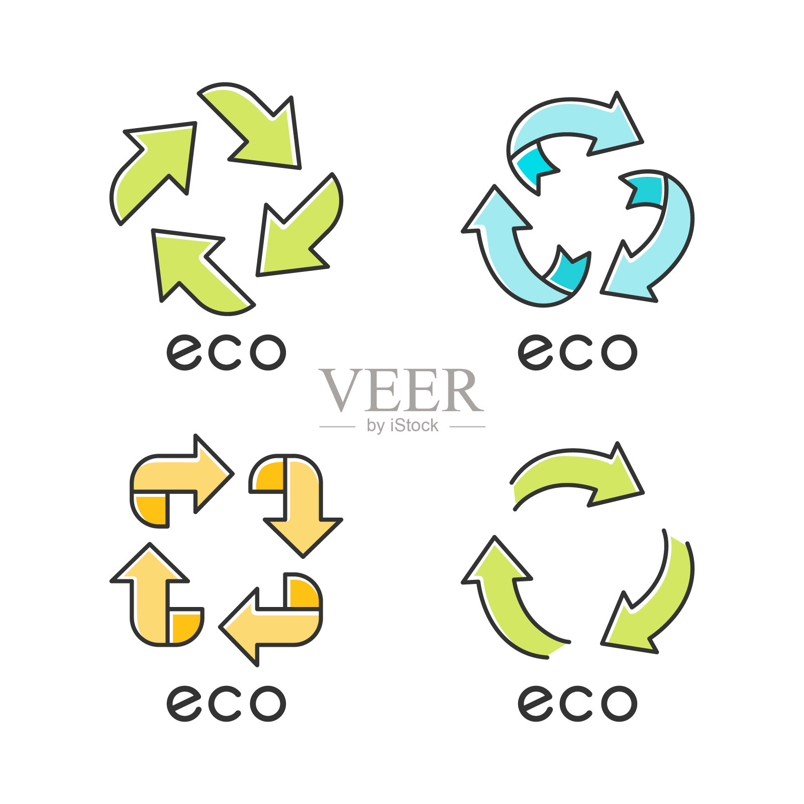 环保标签绿色图标设置。箭头的迹象。回收标志。替代能源。环境保护贴纸。生态友好的化学物质。有机化妆品。孤立的矢量插图图标素材