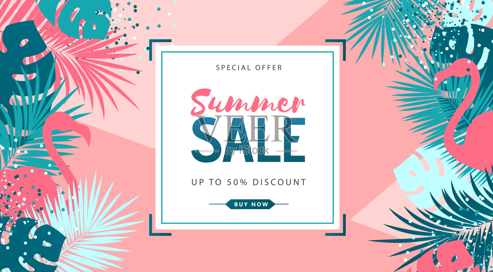 印有热带树叶和火烈鸟的夏季促销海报。夏天的背景插画图片素材