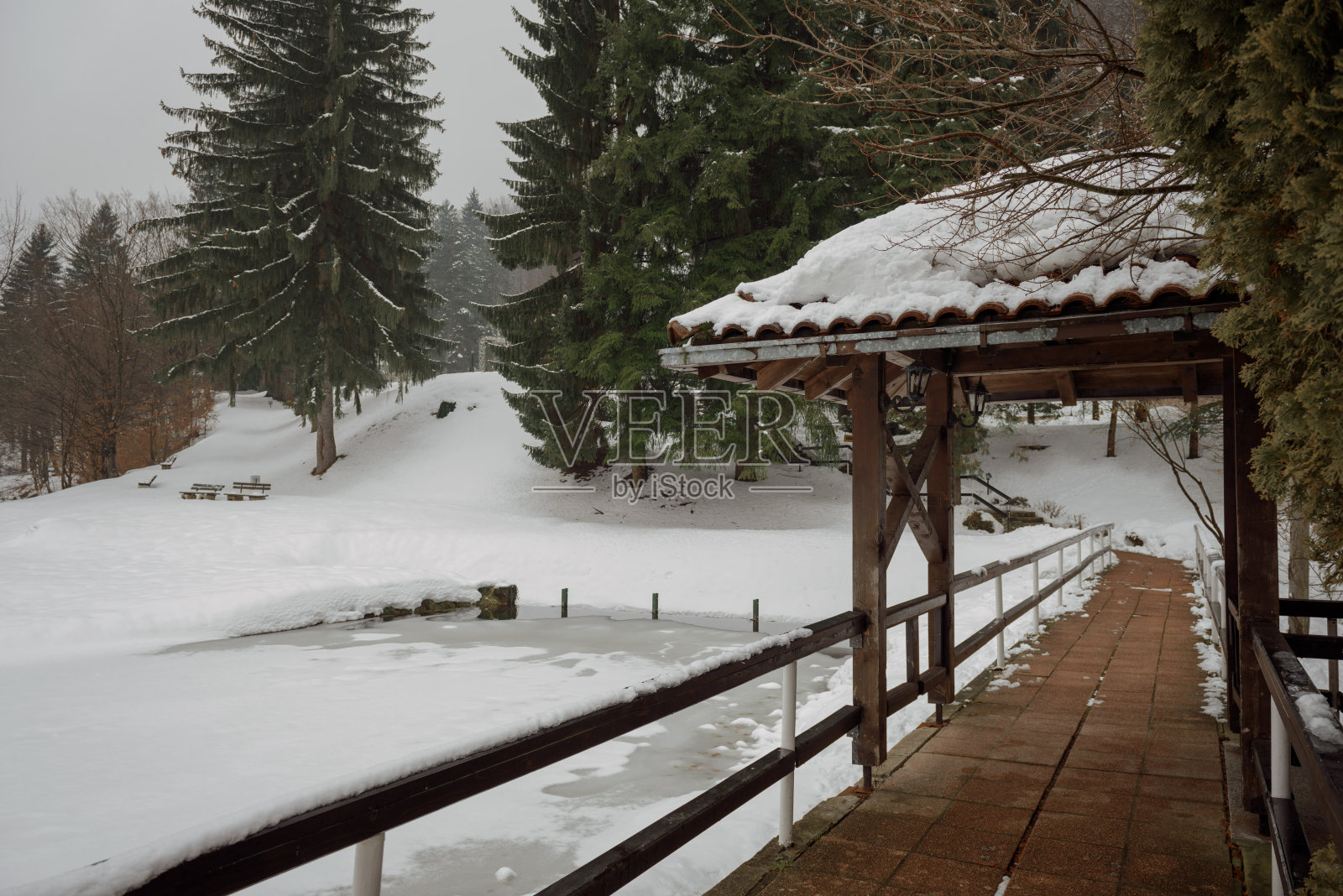 冬季中心的入口就在结冰的湖边照片摄影图片