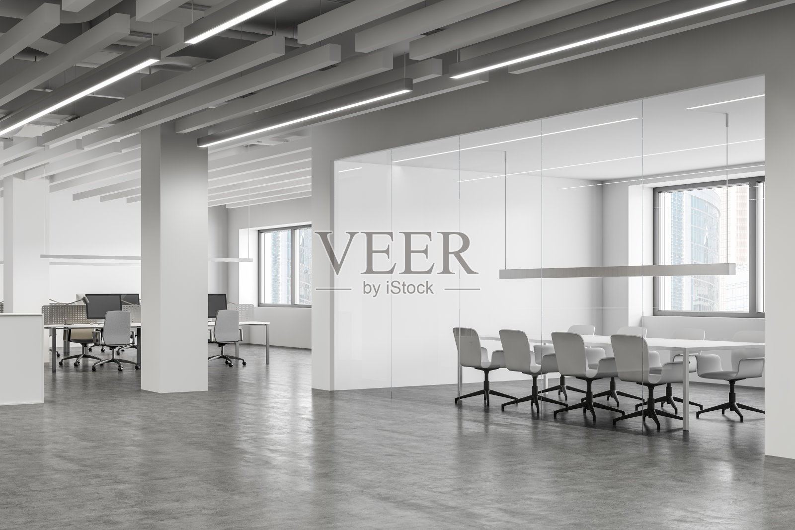 开放空间办公室的白色会议室照片摄影图片