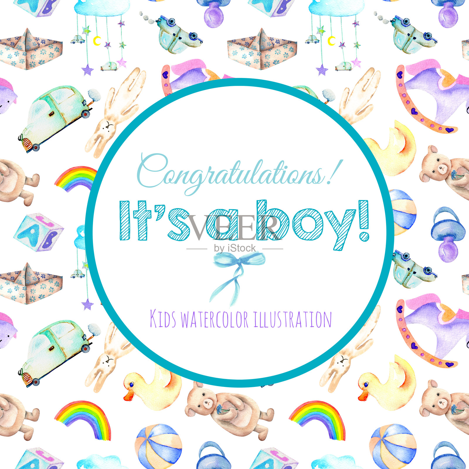 婴儿淋浴水彩元素背景卡片模板（玩具、汽车、彩虹等）插画图片素材