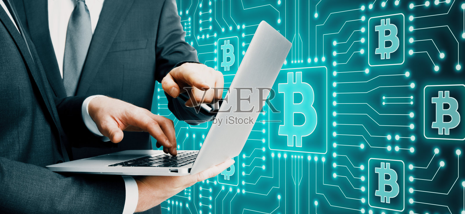 发光的蓝色比特币背景照片摄影图片