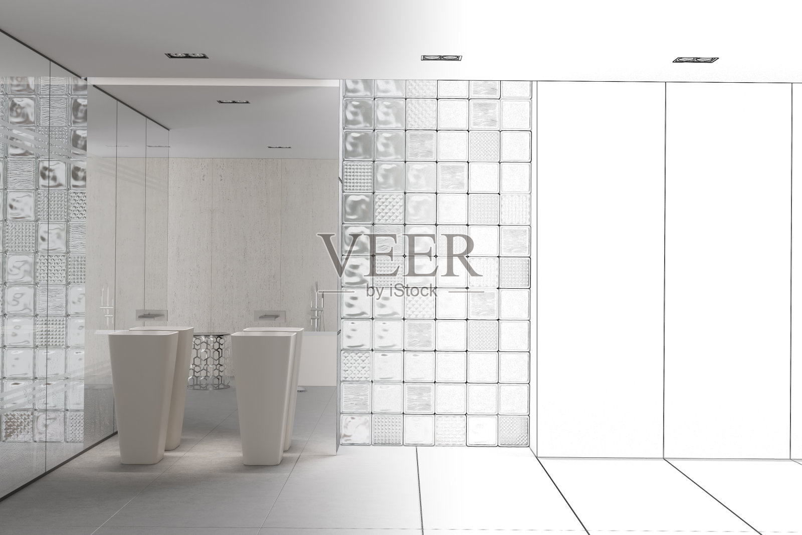 一个极简主义的室内淋浴间的草图，带有窗户和脸盆成为了一个真正的室内。前视图。照片摄影图片