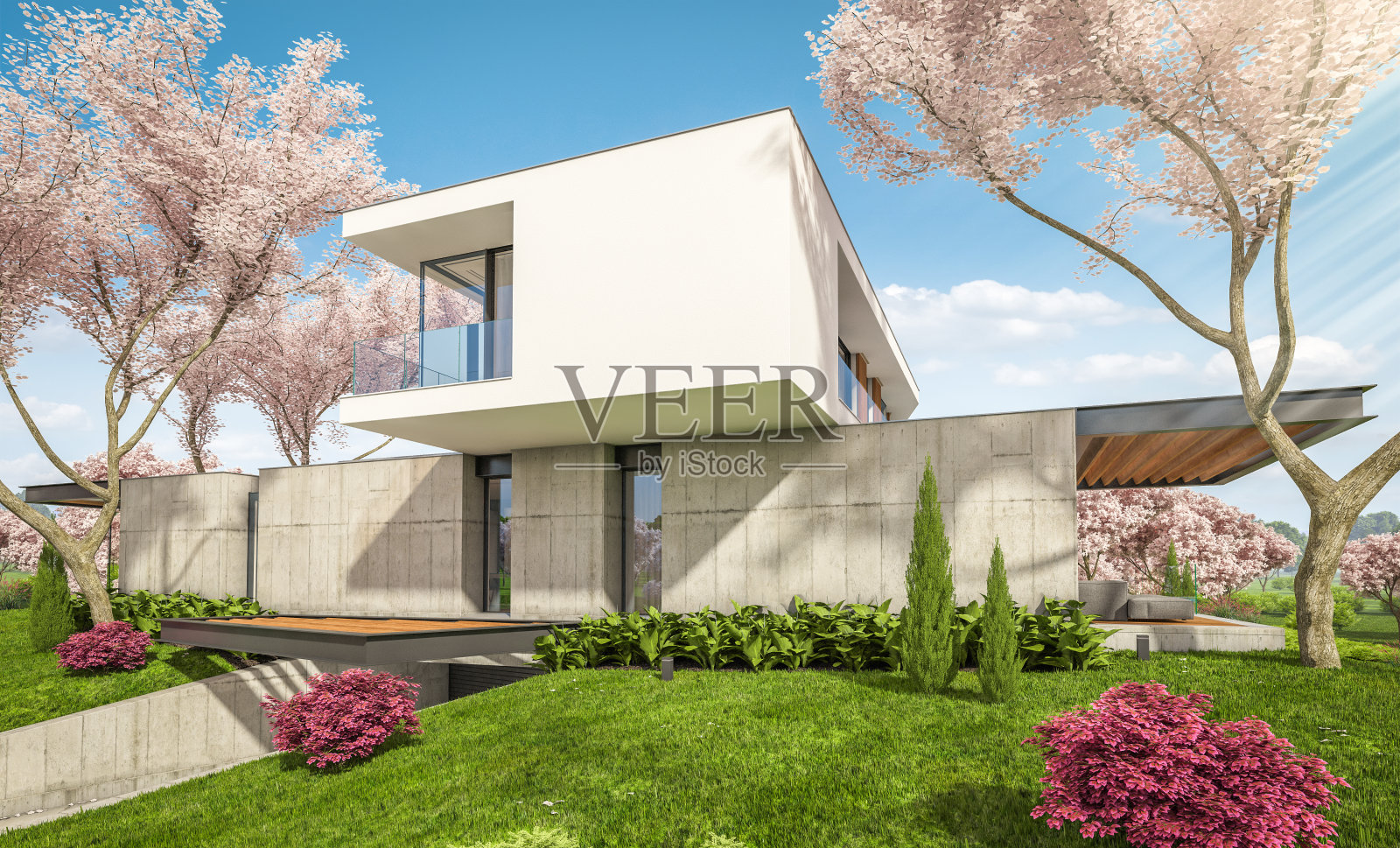 春季山上的现代住宅3D渲染照片摄影图片