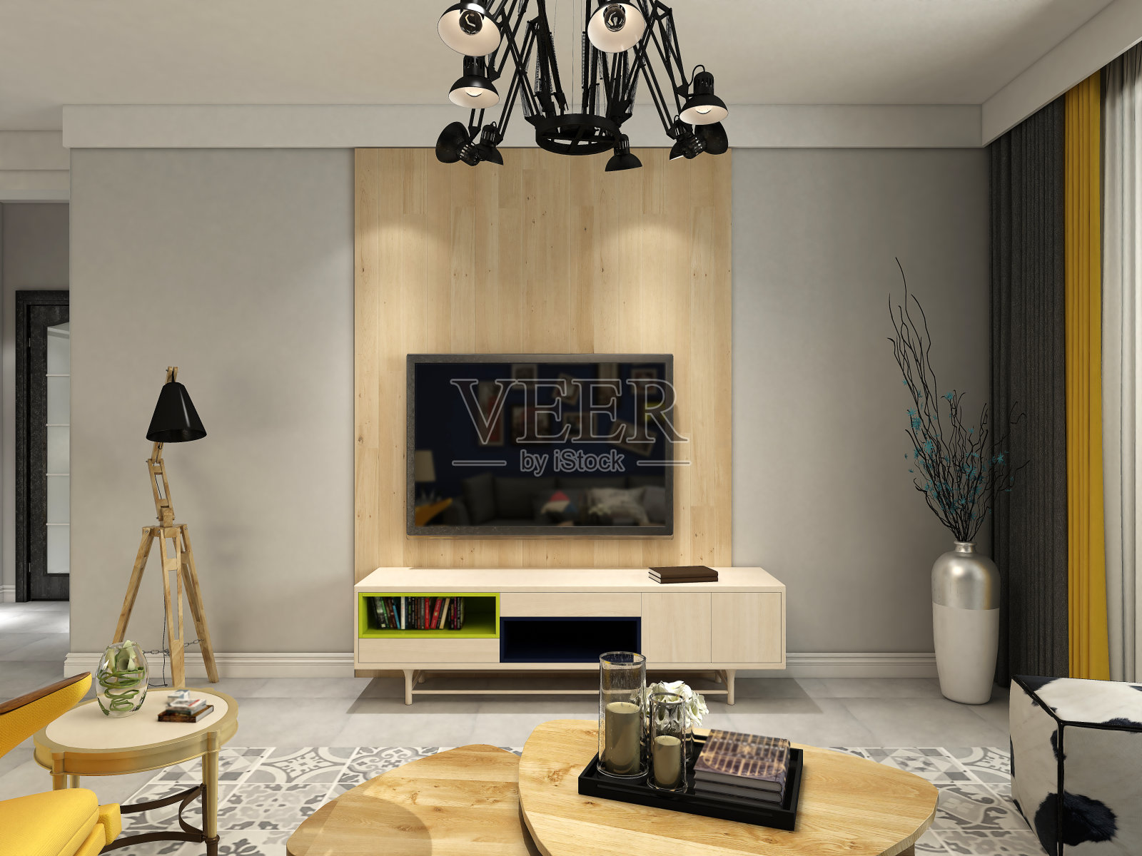 北欧风格客厅的3d渲染照片摄影图片